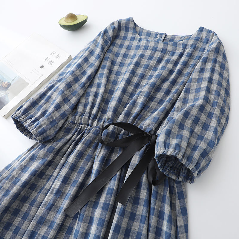 Cotton Plaid Half-Sleeve Midi Dress, picture 7 of 9