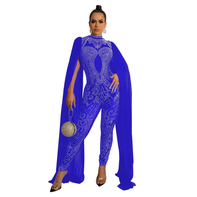 Autumn And Winter New Women's Sexy Mesh Rhinestone See through Nightclub Jumpsuit Blue - Shop at LoveMi