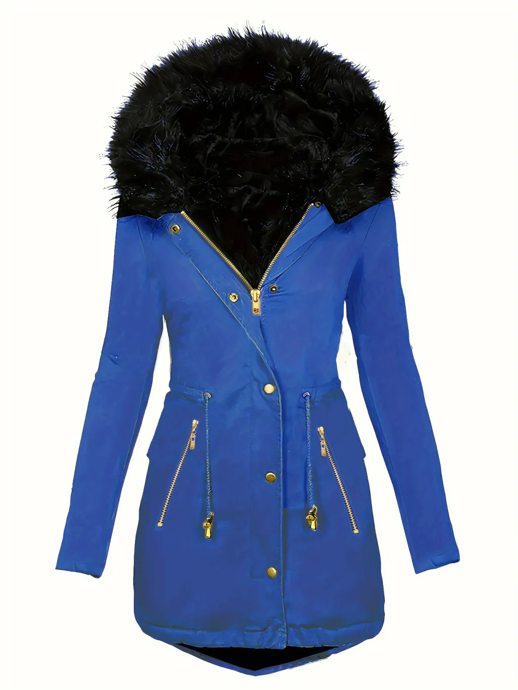 Zipper Faux Fur Decorative Hat Fur Coat Long Sleeve Oblique - Sapphire Blue