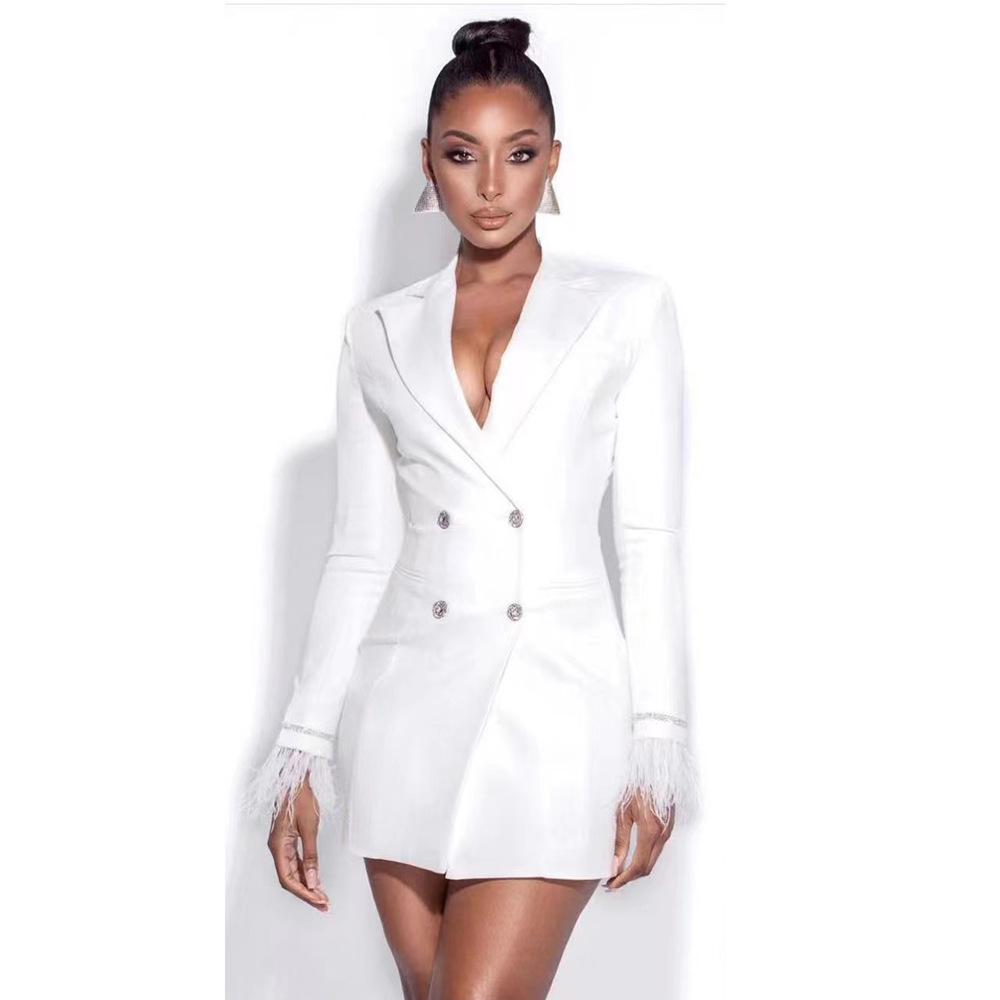 Women's Feather All match Double Breasted Slim Fit Backless Business Suit And Dress White - Shop at LoveMi