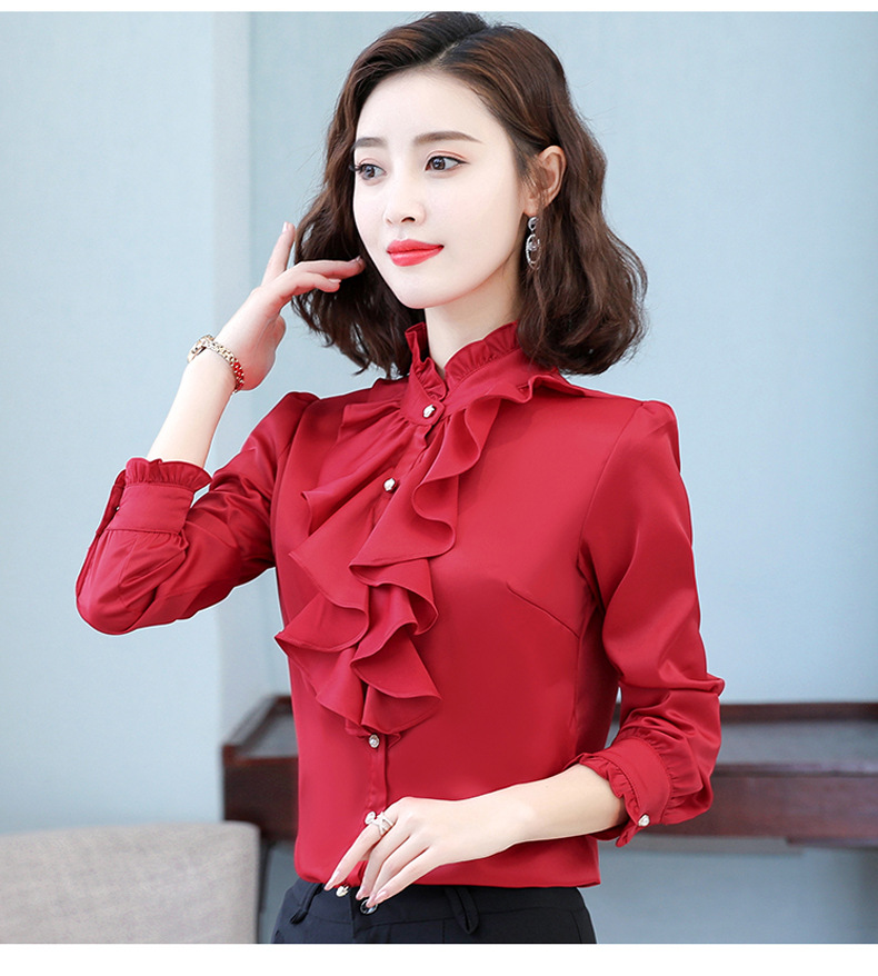Women's New Style Long-Sleeve Shirt With Stand Collar And Ruffle Trim Top
