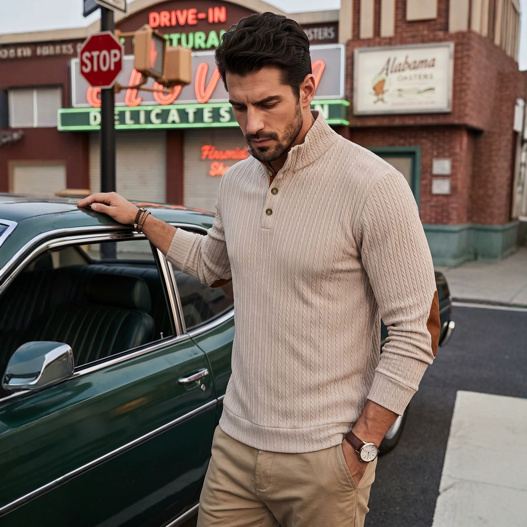 American-style Mens Top With A Stand-up Collar And Textured Jacquard Weave
