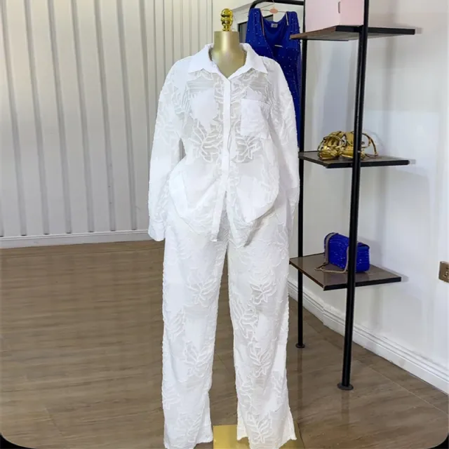Lapel Patch Pocket Long Sleeve Shirt High Waist Straight Pants Two piece Set White - Shop at LoveMi
