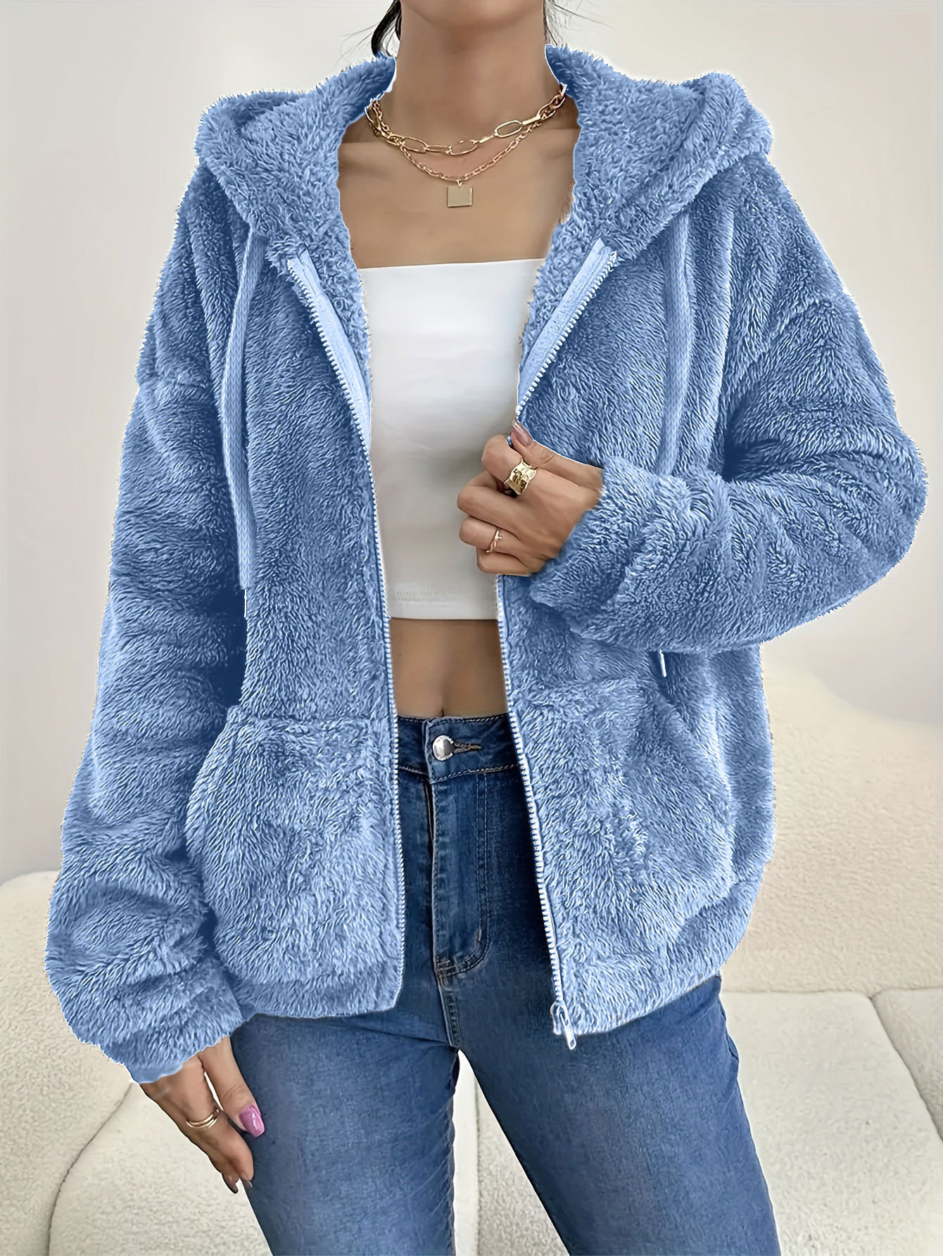 Casual Cozy Loose-fitting Hoodie With A Hood Zipper And Plush Pockets