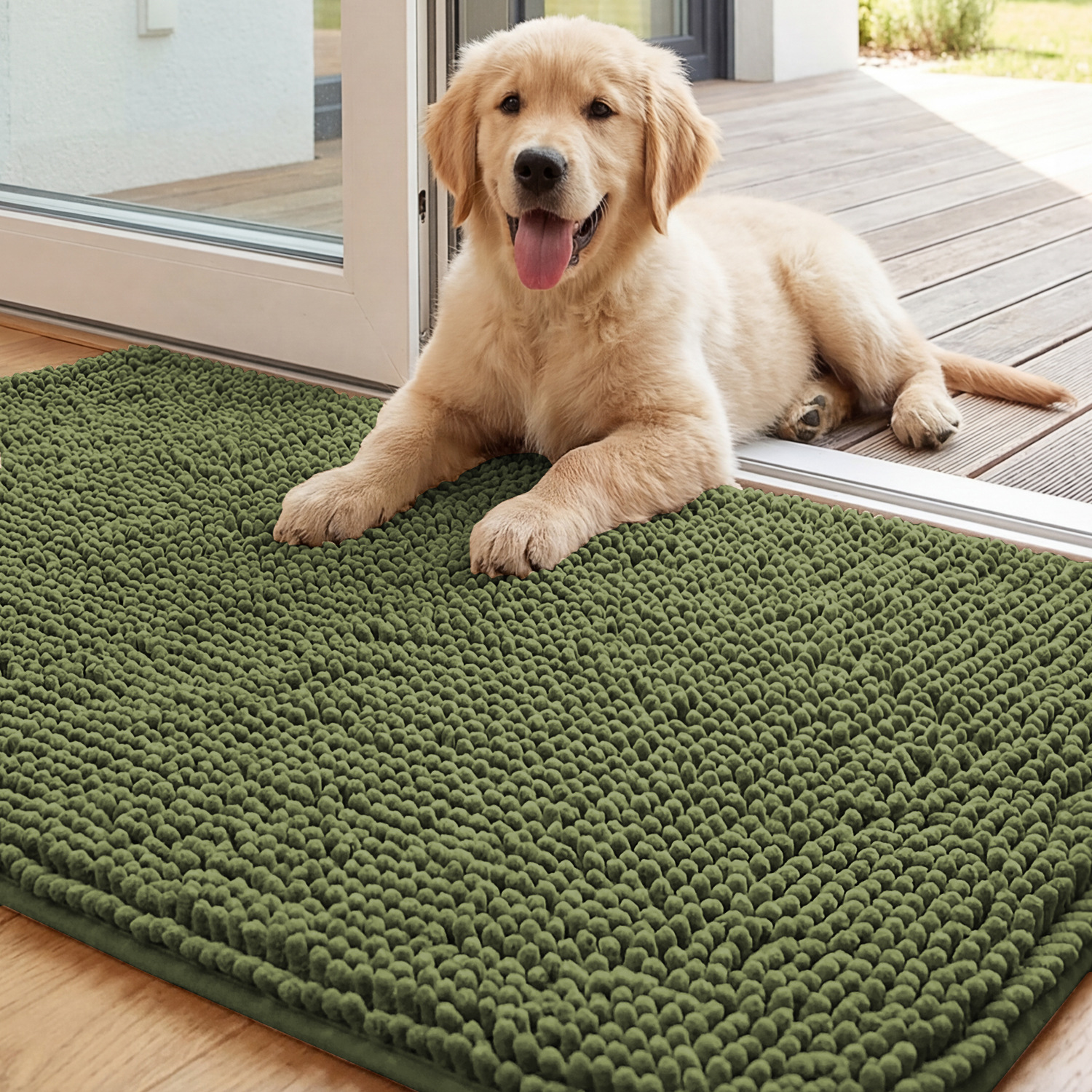 Chenille Non-slip Water-absorbent Solid-color Long-pile Pet Mat Oily Green 17x24inch