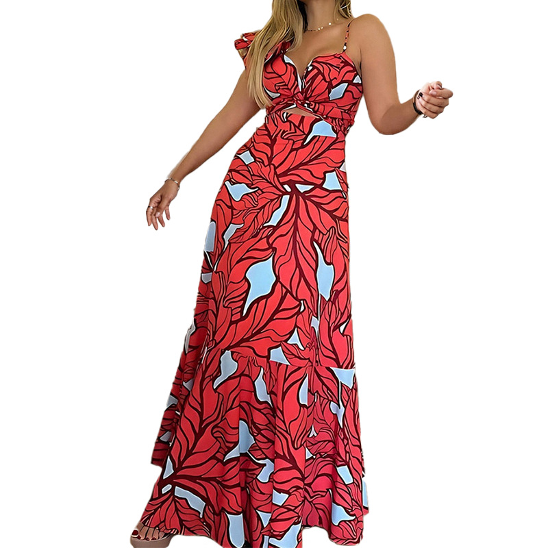 European And American Elegant Fashion Print Sleeveless Cutout Sling Dress