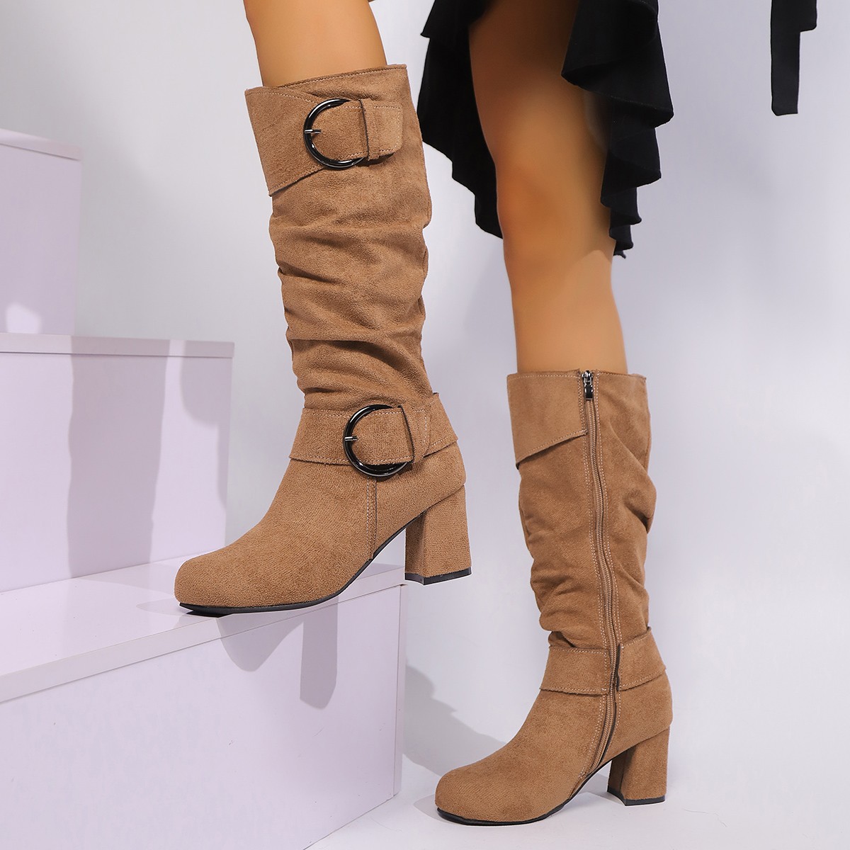 Suede High-heeled Chunky-heel Womens Boots With A Belt Buckle For Export