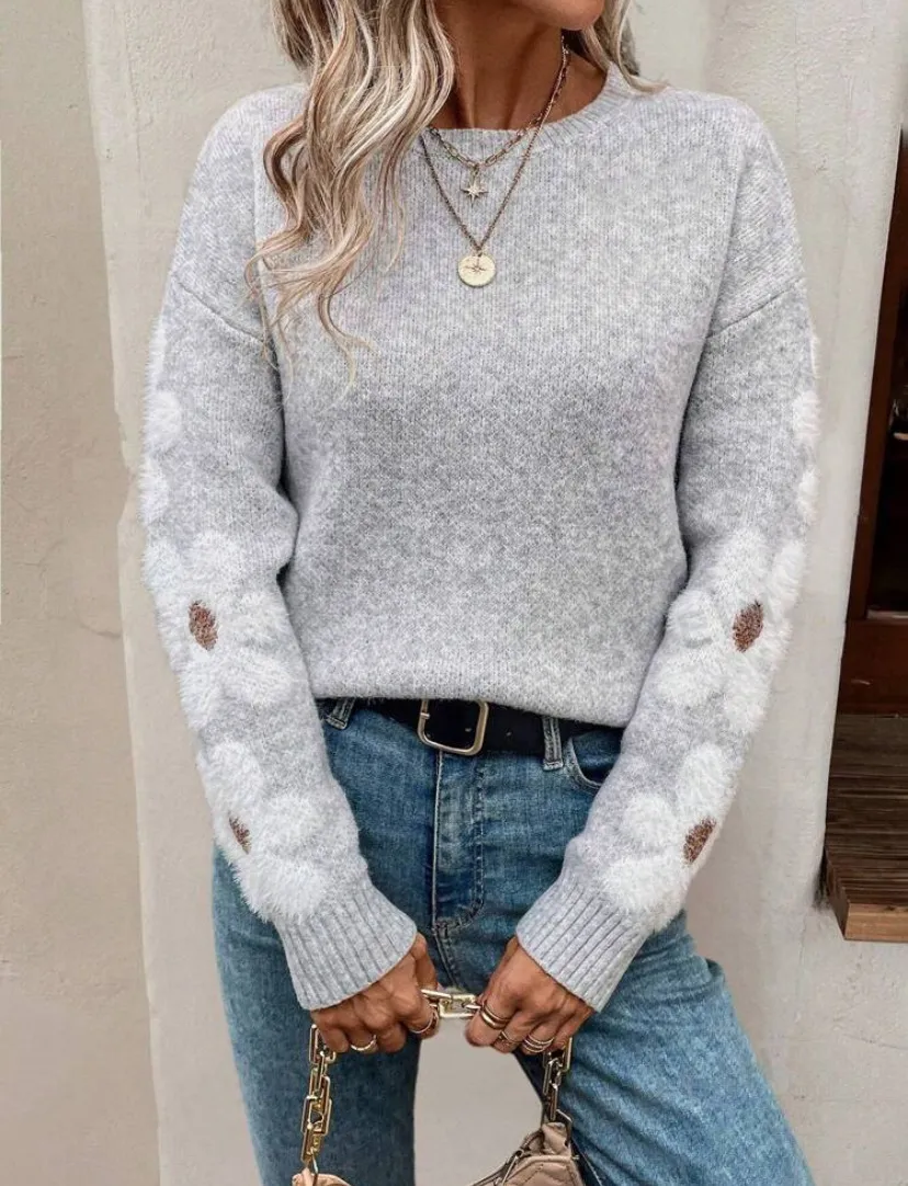 Elegant Elegant Flowers Jacquard Knitted Pullover Women - Gray