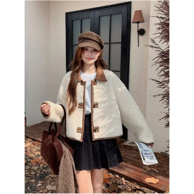 One piece Fur Coat With Double sided Lamb Coffee Color - Shop at LoveMi