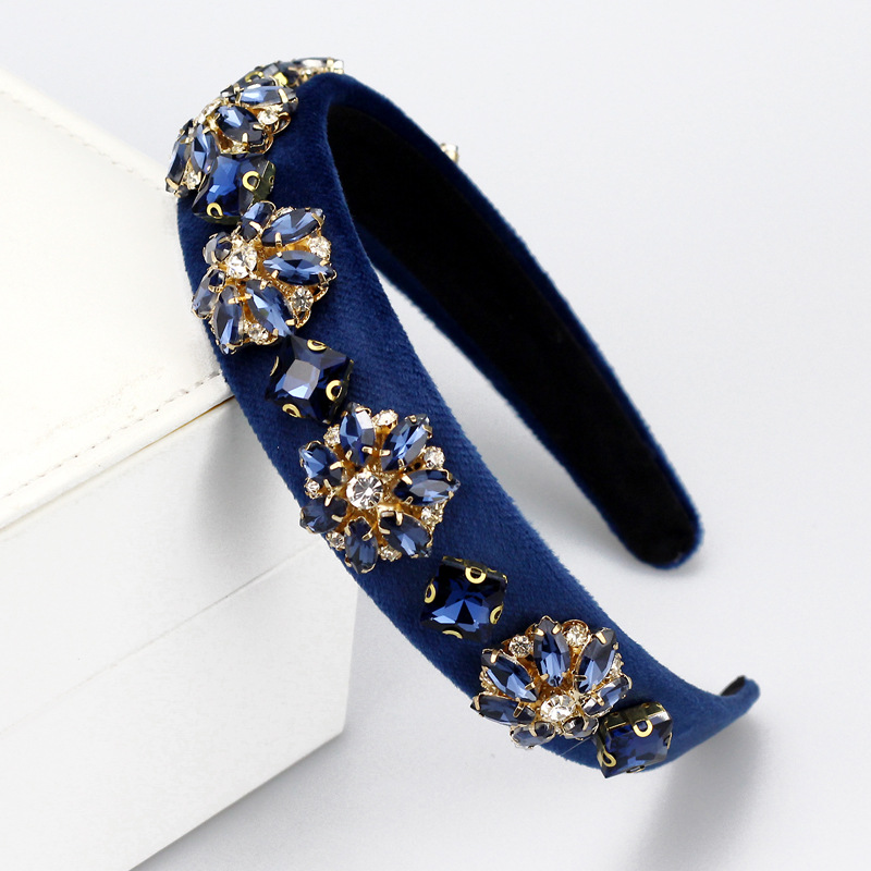 Navy Blue Rhinestone Handmade Vintage Headband With Baroque Flower And Pearls