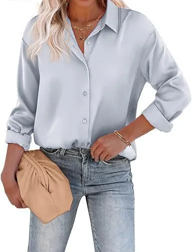 Women's Satin Top Long Sleeve Button Shirt Autumn - Gray