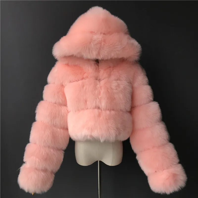 Short Hood Fox Fur Women's Long Sleeve Stitching Coat - Pink