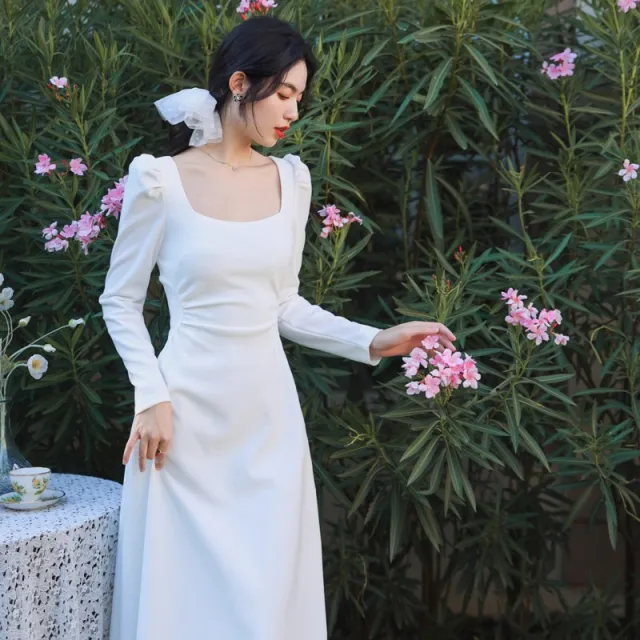 Unique White French Women's Square Neck Dress 412 White Long Style - Shop at LoveMi