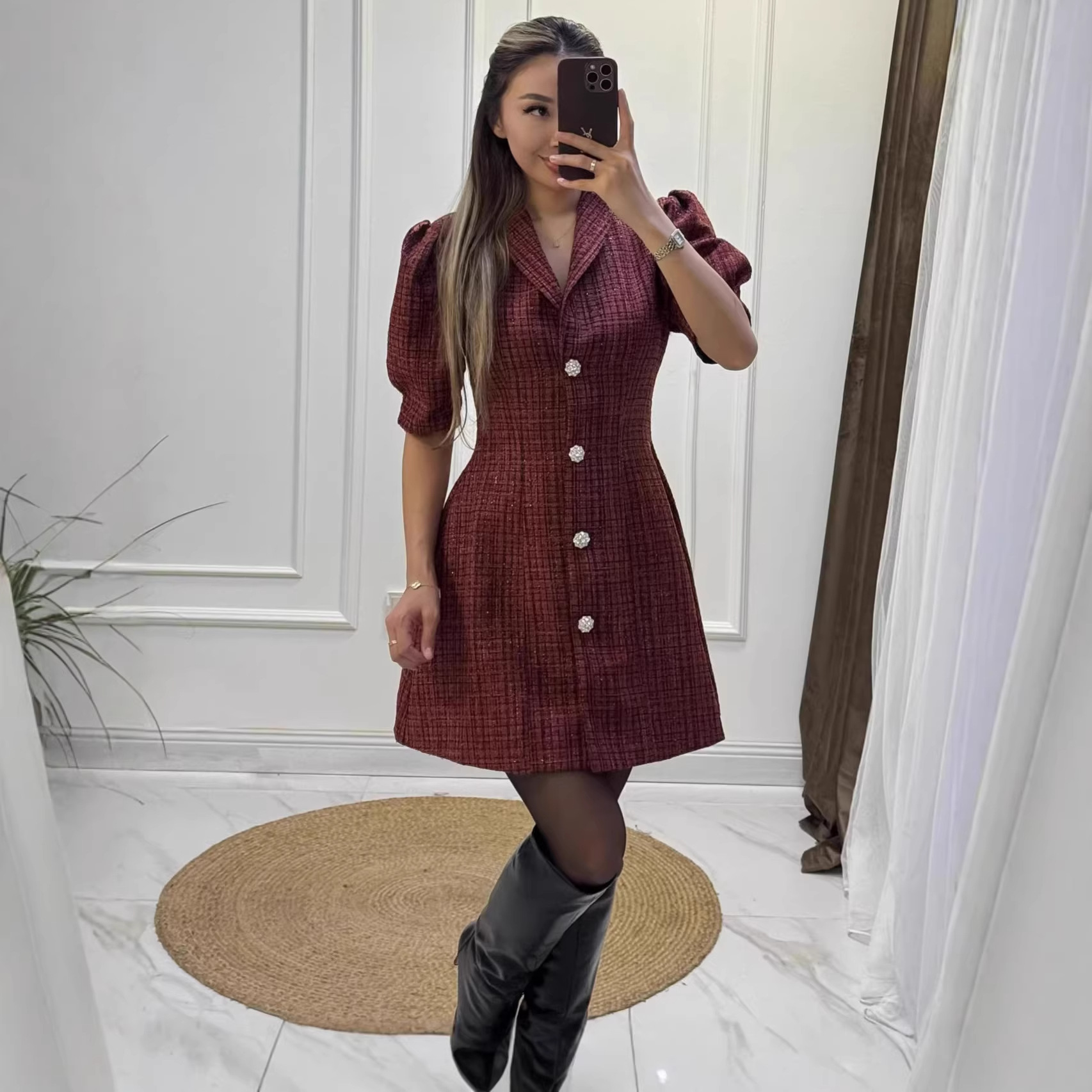 Short-sleeve Cardigan Mini Dress With A Suit Collar