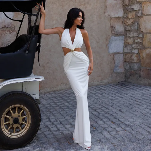 Sexy Cutout Deep V Halter Dress Elegant White - Shop at LoveMi