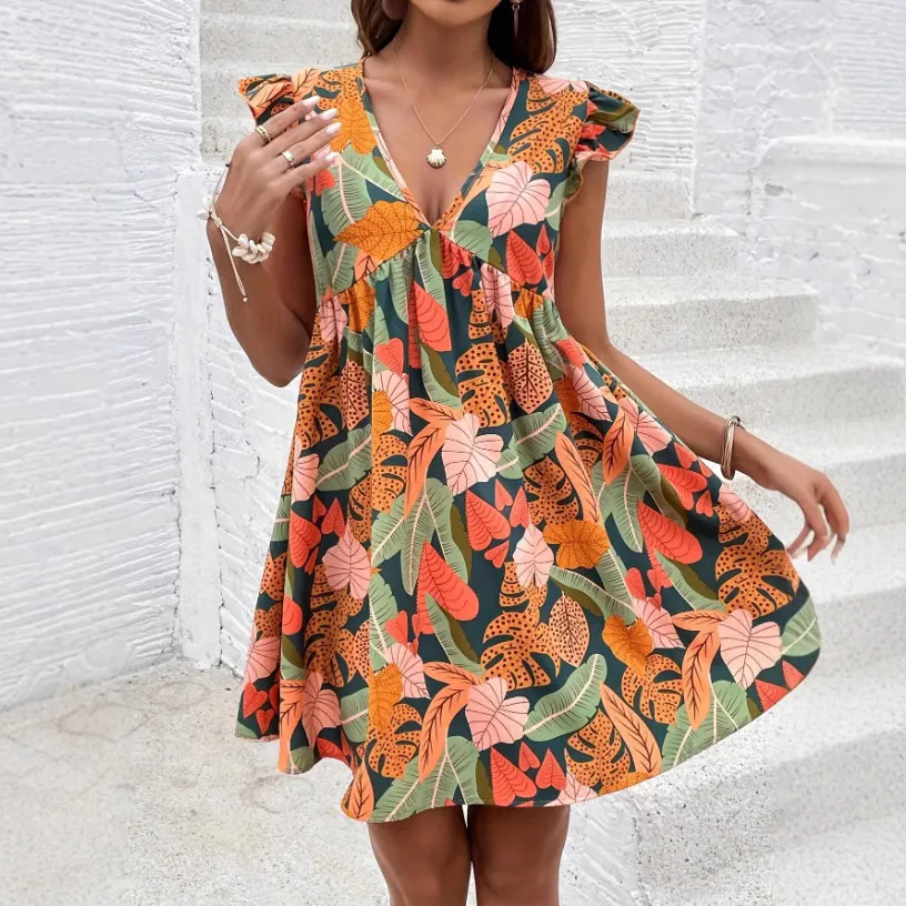 V-neck Tropical Print Flutter Sleeve Resort-style Dress