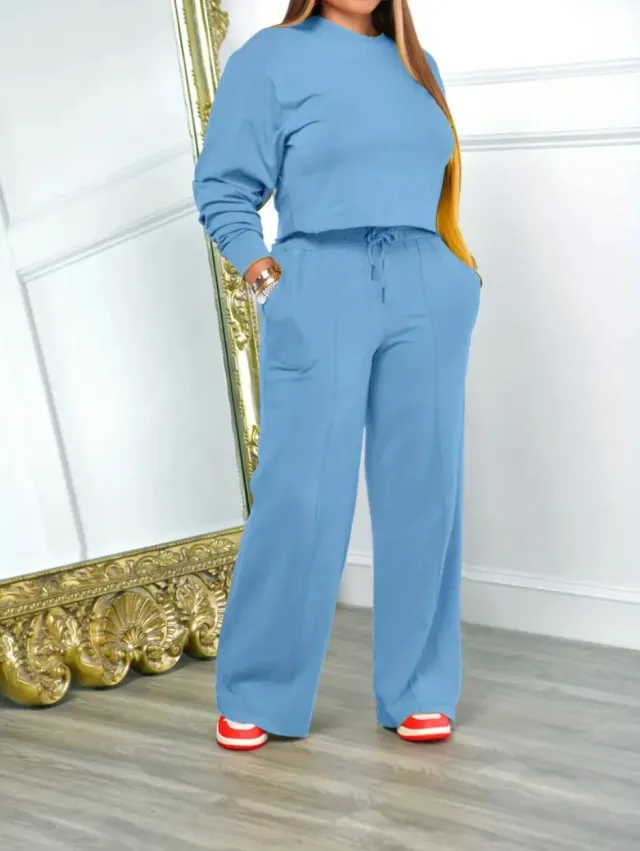Women's Long sleeved Round Neck Sweater Elastic Waist Pants Casual Fashion Two piece Suit Blue - Shop at LoveMi
