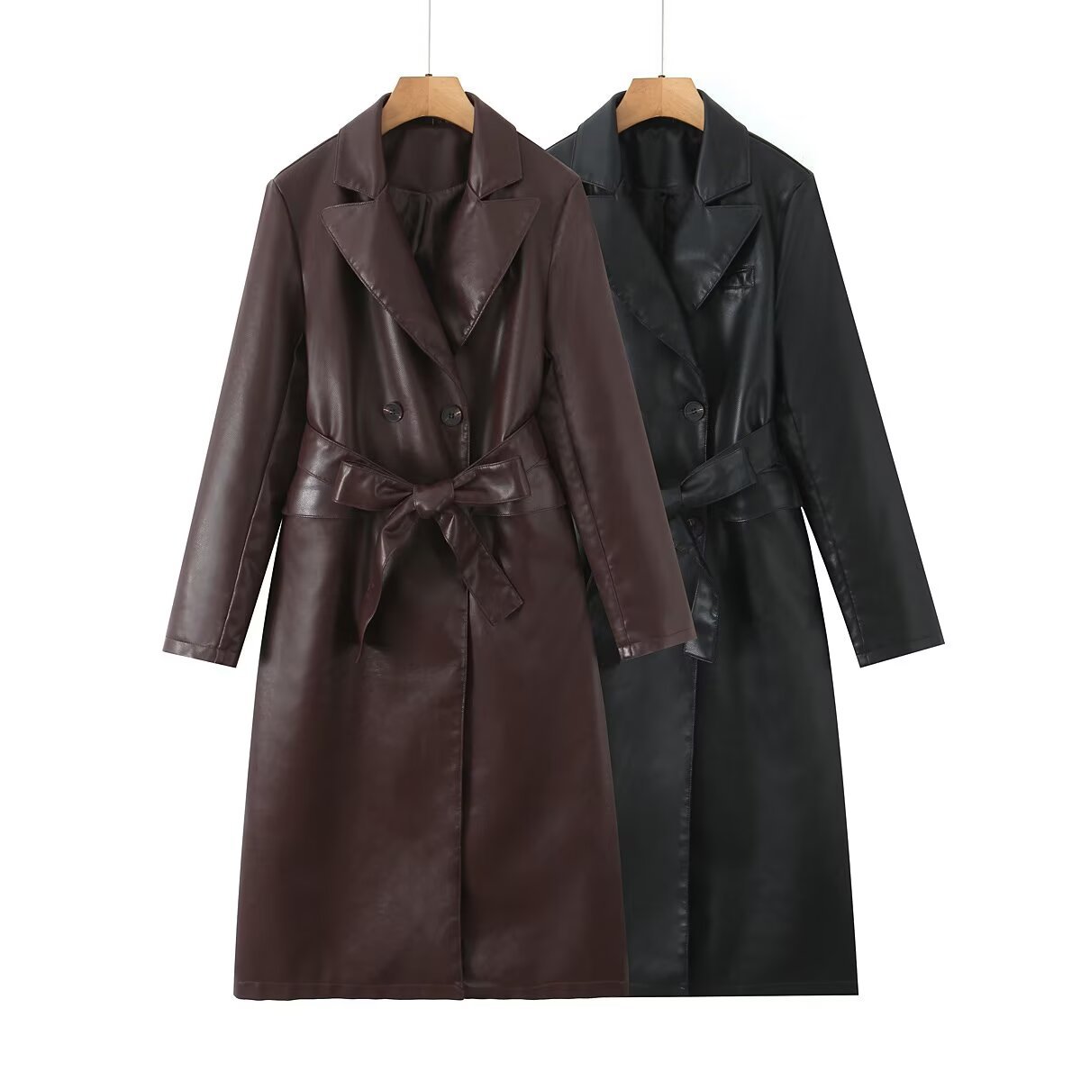 Early Autumn New Arrival French-Style Elegant Faux Leather Long Coat With Belt