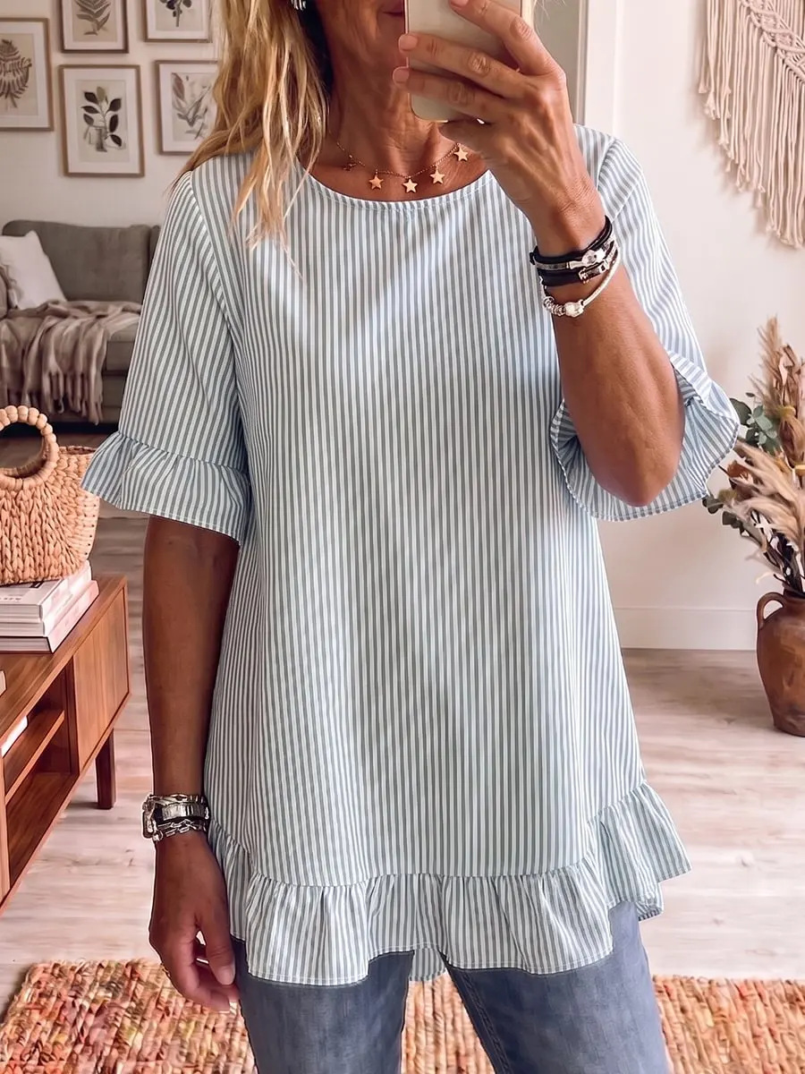 Women's striped blouse in light green – ruffle sleeve loose-fit three-quarter sleeve casual