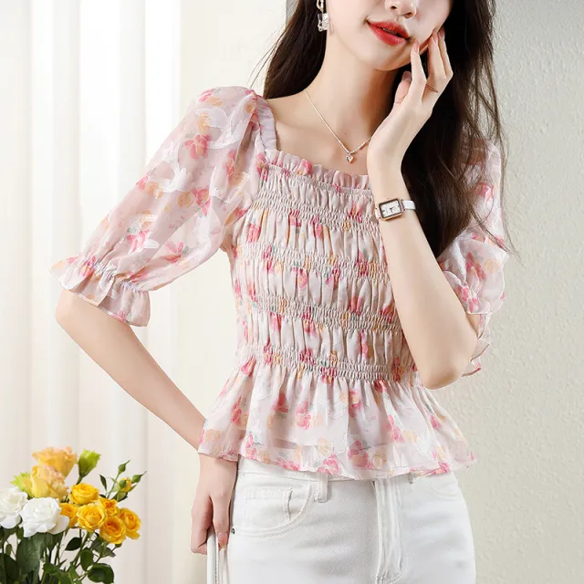 Women's French style Square Collar Floral Shirt Floral - Shop at LoveMi