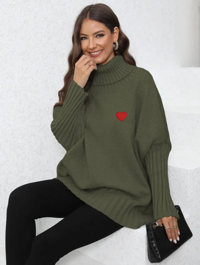 Women's Clothing Knitted Solid Color Turtleneck Lapel Loose Woven Love Stickers Sweater Army Green - Shop at LoveMi