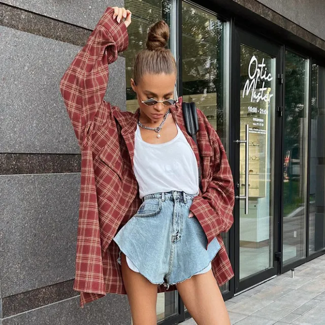 Vintage Scottish Plaid Loose fitting Shirt Red - Shop at LoveMi