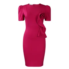 Fashion Elegant Body-hugging Lace Hem Solid Colour Short Sleeve Dress - Red - View 1