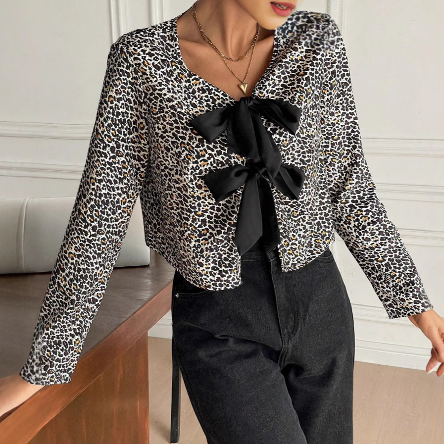 European And American Long Sleeve Leopard Print Cardigan Fashion Design Blouse