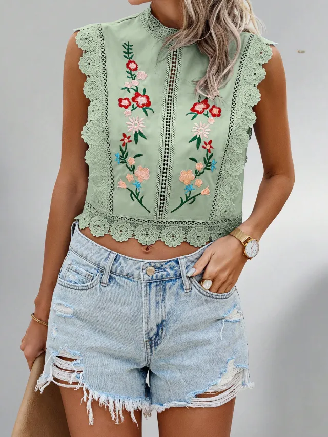 Women's Lace Embroidered Round neck Sleeveless Hollow out T shirt Matcha - Shop at LoveMi