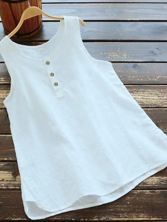 Solid Color Round Neck Loose Casual Vest Cotton Linen Shirt Women - White