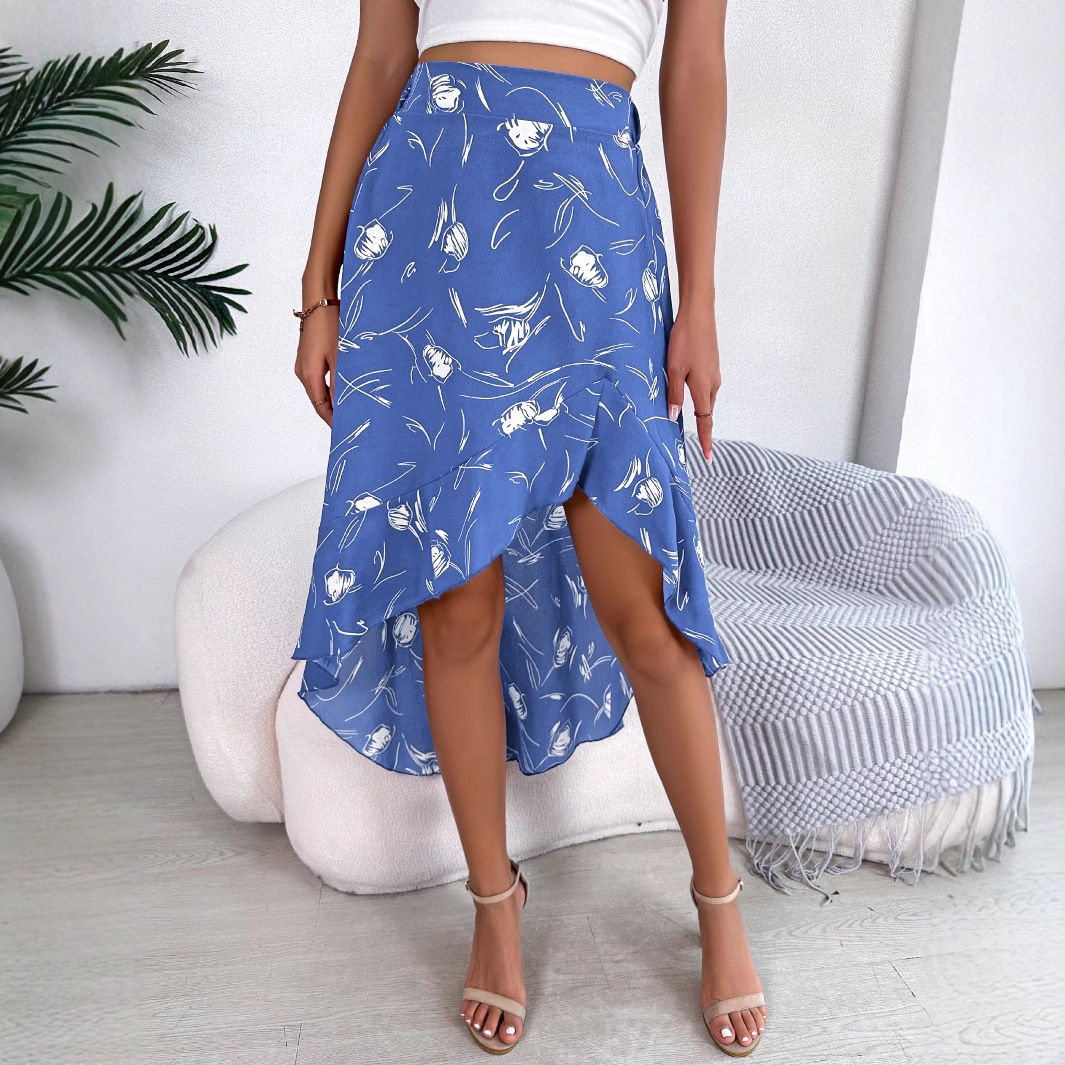 Womens Casual Mid-Length Skirt With Floral Print And Ruffled Hem