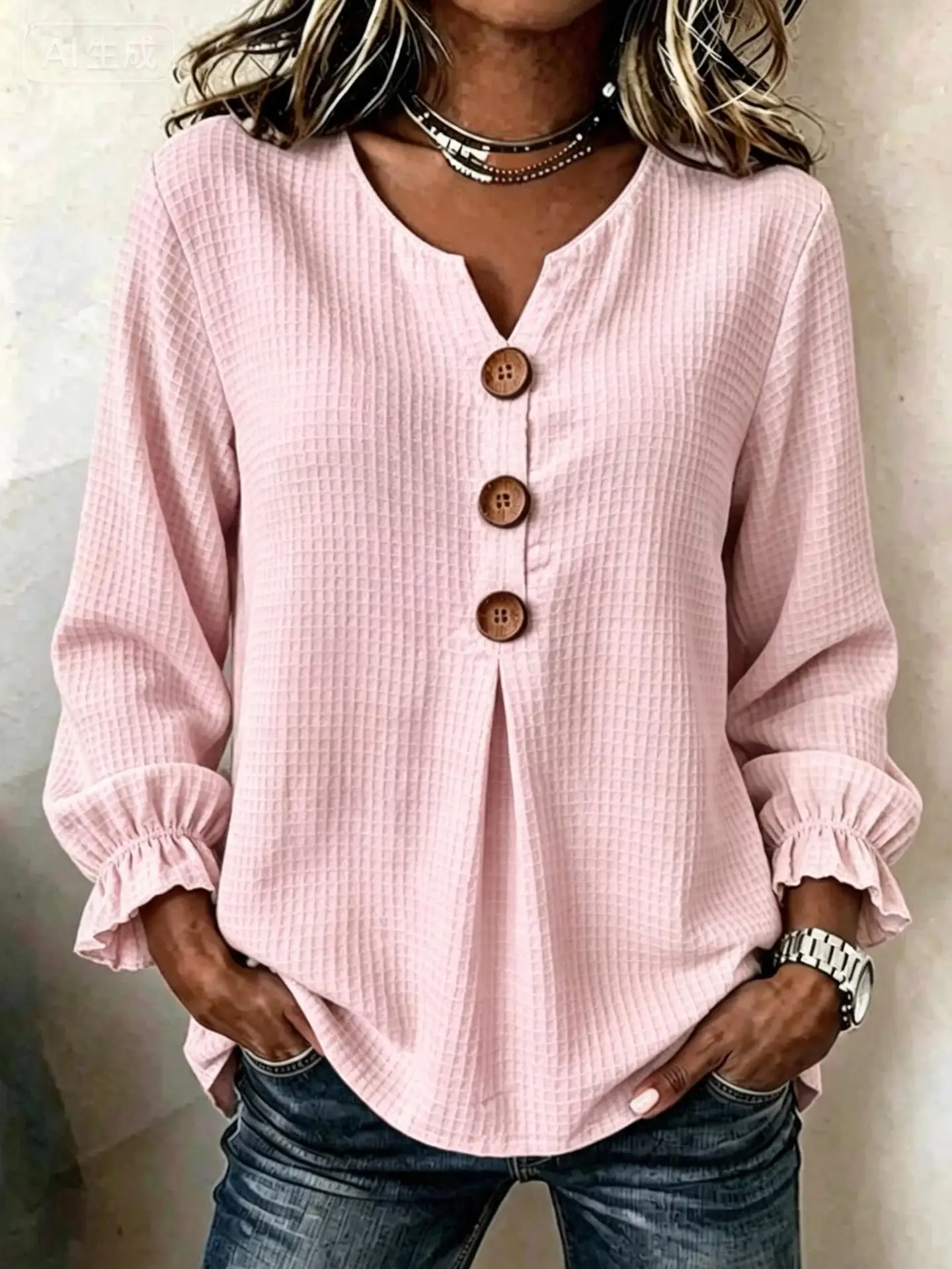 Casual Waffle V Neck Blouse Spring Autumn Women Wooden Button Ruffle Cuff Long Sleeve Loose Casual Tops