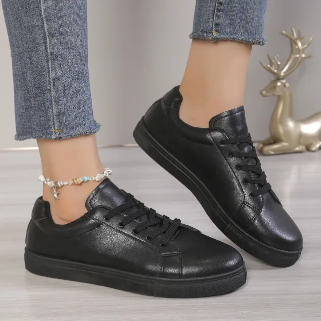 Lace up White Shoes Women's Flat Leather Surface Sneakers Black - Shop at LoveMi