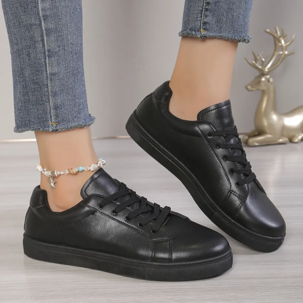 Lace-up White Shoes Women's Flat Leather Surface Sneakers - Black