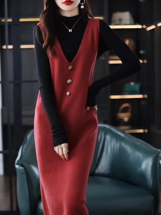 Knitted Vest Jumper Skirt Women's Outer Wear Red - Shop at LoveMi