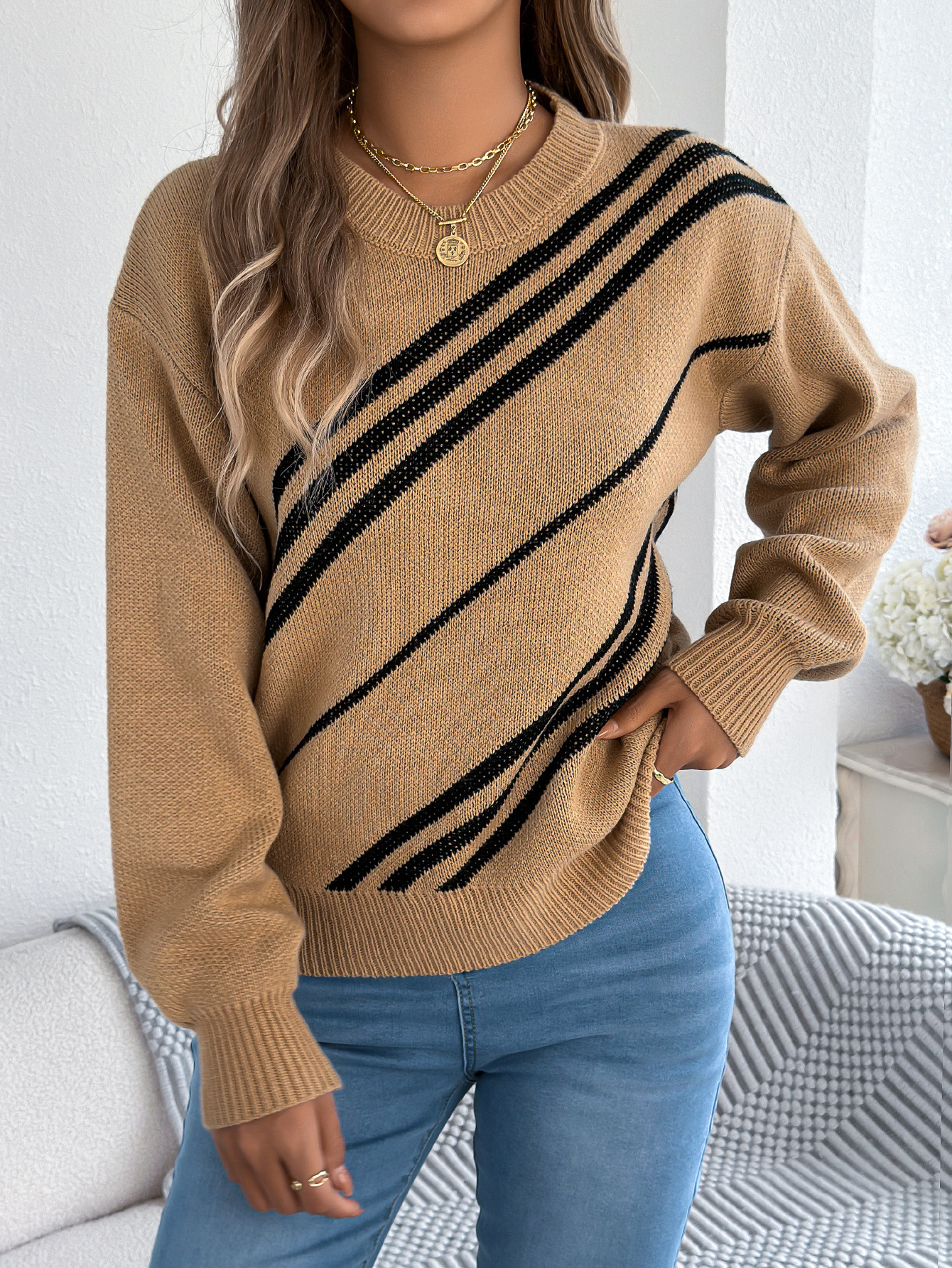 Women's Casual Striped Round Neck Lantern Long Sleeve Pullover Sweater