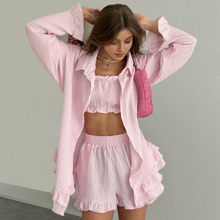 Breathable Loose-fitting Long-sleeve Underwear And Shorts Cotton Pajama Set