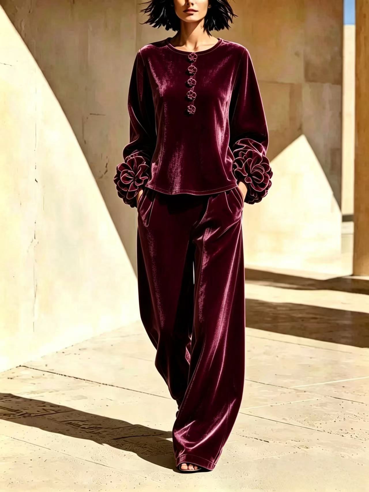 AutumnWinter Velvet Two-Piece Set For Women Long-Sleeve Crew-Neck Top With Floral Sleeves And Wide-Leg Pants