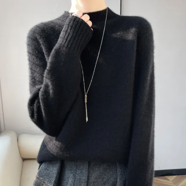 Pullover Half Turtleneck Thick Loose Wool Knitted Sweater Black - Shop at LoveMi