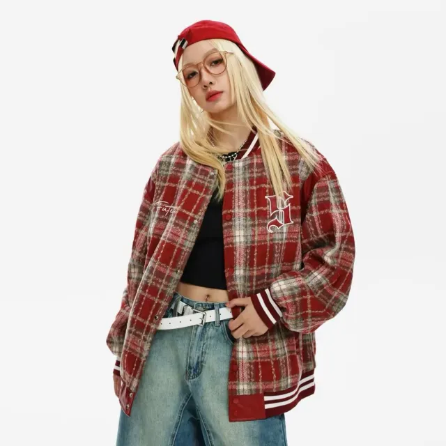 Autumn Chic Plaid Embroidered Baseball Uniform Coat Red - Shop at LoveMi
