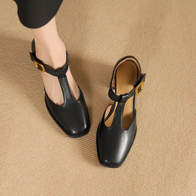 Women's Square Toe T-buckle Hollow Sandals