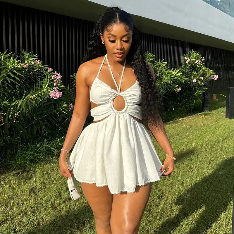 Halter Tether Beaded High Waist Dress - White
