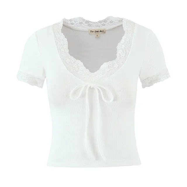 French Style Lace V neck Slim Fit All match Knitted T shirt White - Shop at LoveMi