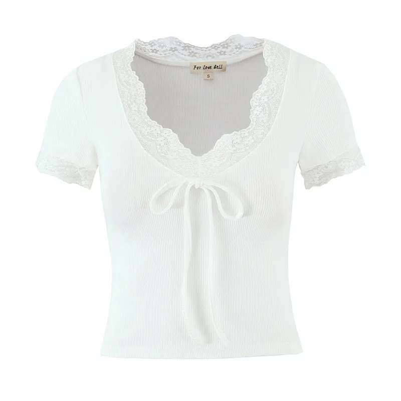 French Style Lace V-neck Slim Fit All-match Knitted T-shirt - White