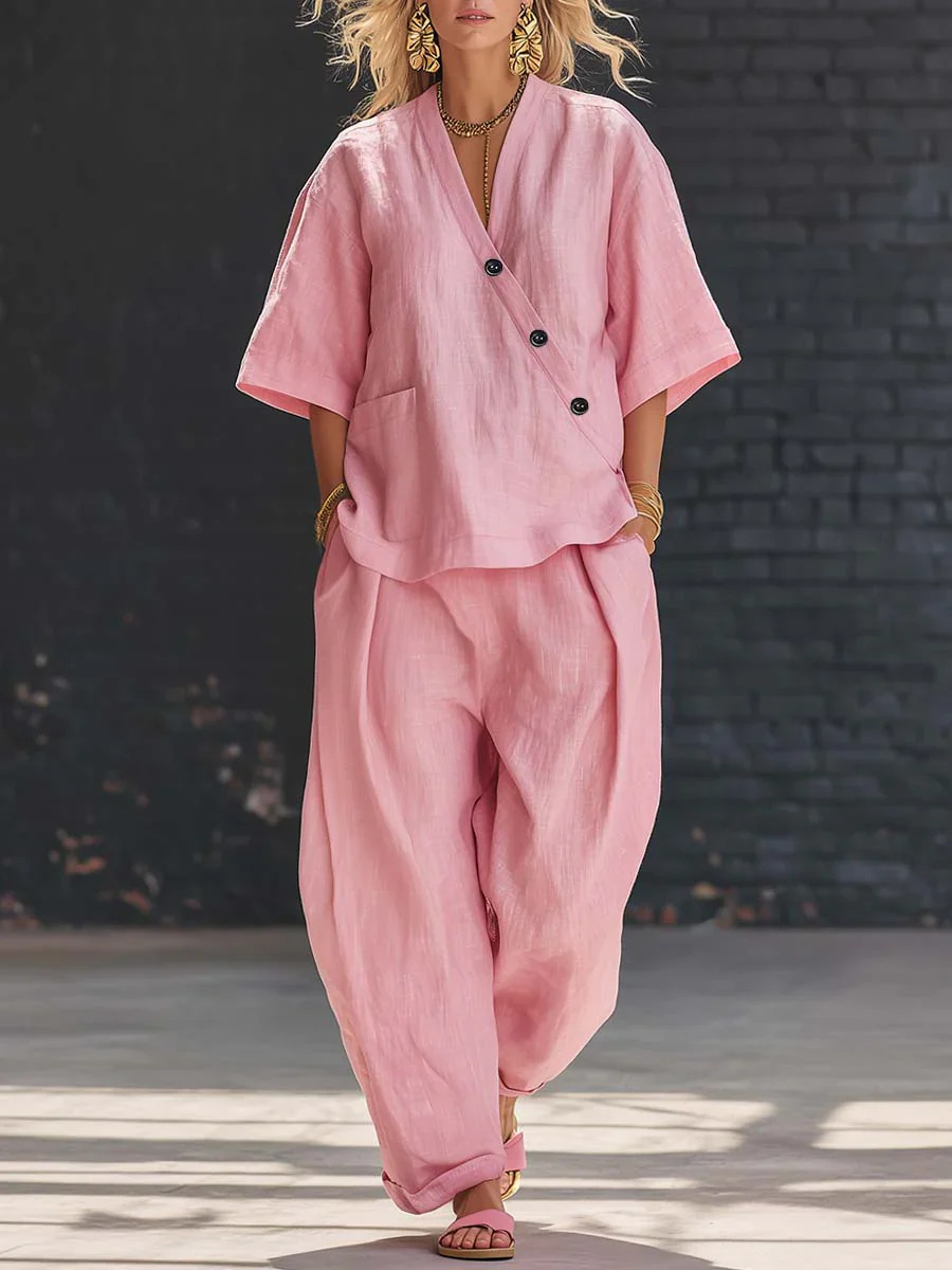 Pink V-neck short sleeve top and high-waist trousers two-piece set – loose fit elegant commuter women's style