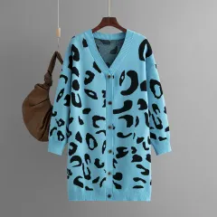 Women's Sweater Mid-length Leopard-print Sweater Cardigan - Blue - View 1