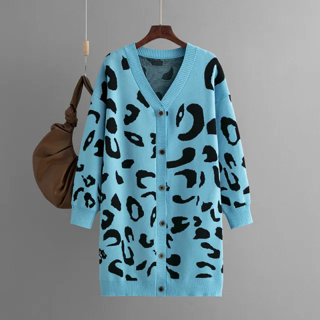 Women's Sweater Mid length Leopard print Sweater Cardigan Blue - Shop at LoveMi