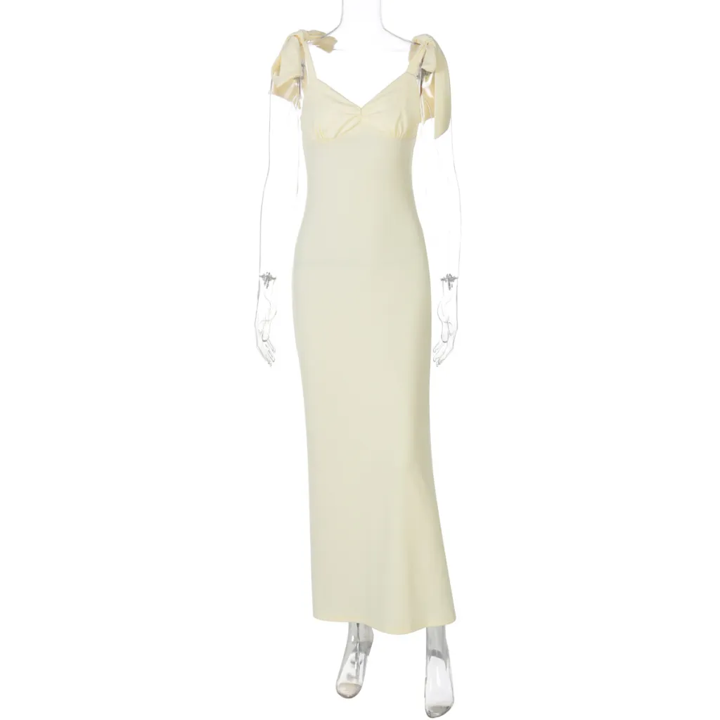 Solid Color Sexy V-neck Lace-up Waist-controlled Dress - Light Yellow
