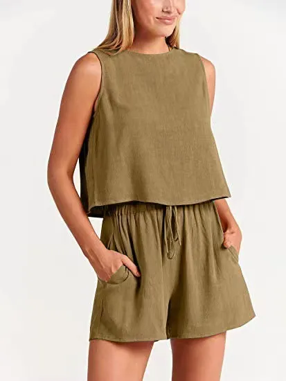 Women's Fashion Casual Sleeveless Solid Color Loose Outfit - Khaki