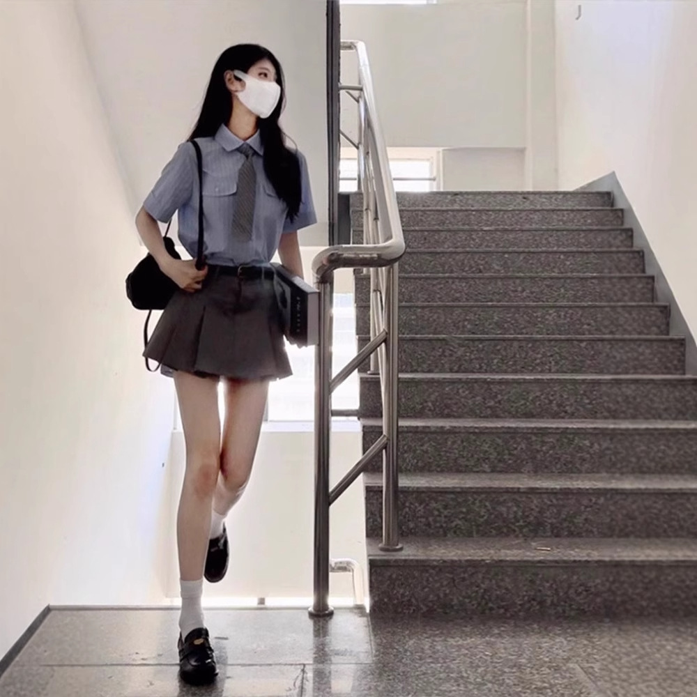 Girls Preppy-Style Striped Shirt And Skirt Set - Image 3